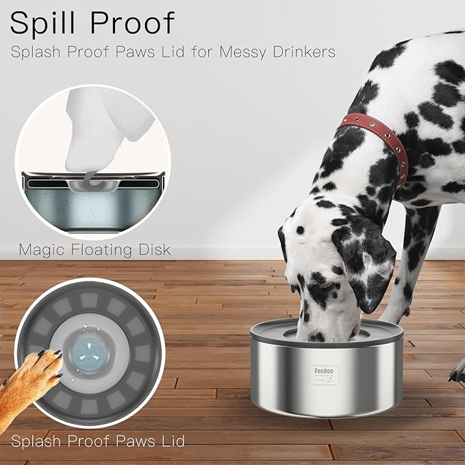 1Gallon No Spill Water Bowl for Dogs, Double-Wall Stainless Steel with Splash-Proof Paws Lid and Floating Disk, Non-Slip Base, Easy to Clean Slow Water Feeder for Large Medium Dogs-PurrikoPets