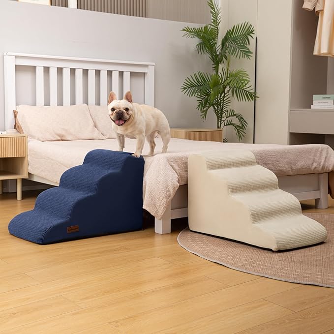 4-Step Dog Stairs and Ramp for Beds or Couches,Non-Slip Sturdy Pet Steps for Small Dogs and Cats,17.4" H,Blue-PurrikoPets
