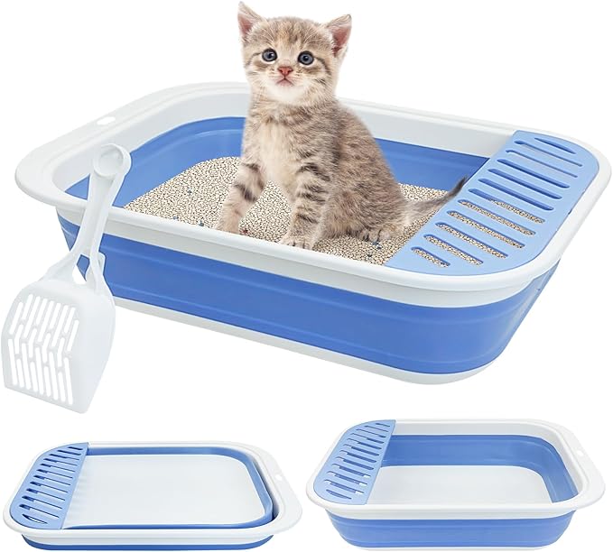 Fhiny Cat Litter Box Portable Shallow Litter Box 17.7"x13.4"x4.9" Foldable Cat Toilet with Scoop Open Kitty Potty Pan with Litter Drop Pedal Easy to Clean Travel Kitten Toilet(Blue)-PurrikoPets