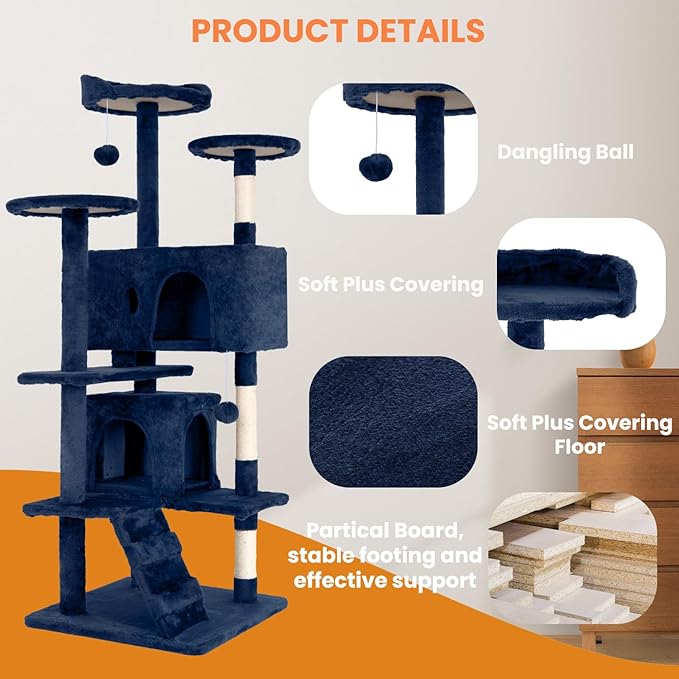 54.7 inches Cat Tower - Multi-Level Cat Condo with Scratching Posts, Hanging Toys, Navy Blue-PurrikoPets