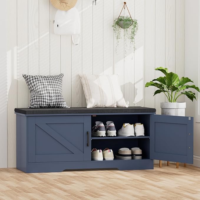 2-Tier Storage Bench, Shoe Bench with Padded Seat Cushion, Entryway Bench with 2 Barn Doors, Adjustable Shelf, 13.8" D x 39.4" W x 17.7" H, for Entryway, Living Room, Bedroom, Blue-PurrikoPets