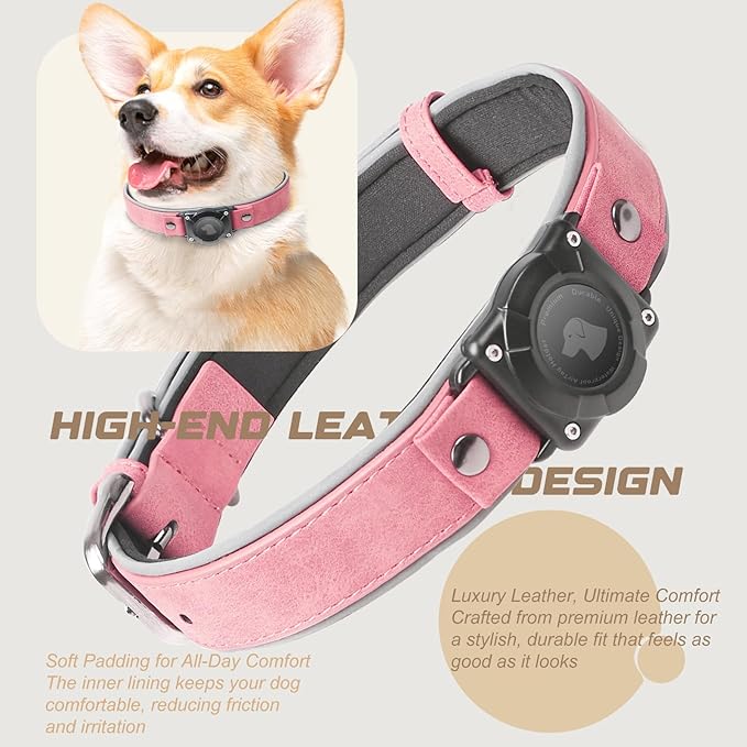 AirTag Dog Collar - Leather Dog Collar with Air Tag Holder | IPX8 Waterproof, Reflective, High - End, Adjustable Soft Padded | Dog GPS Tracker Collars Fit for Medium Large Dogs (Pink, L)-PurrikoPets