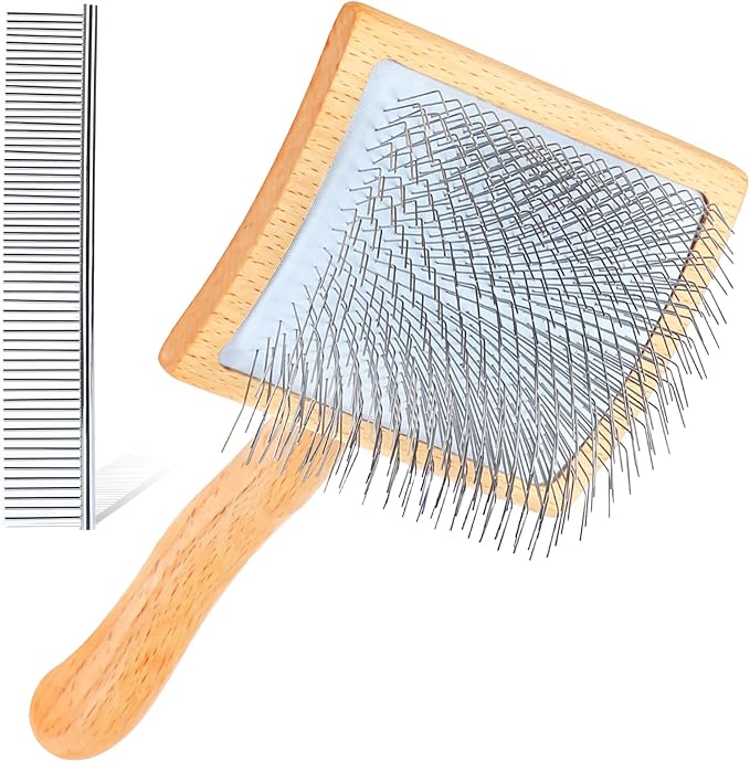 Dog Slicker Brush for Shedding and Grooming Medium or Long Haired Cats, Extra Long & Soft Pin Slicker Brush for Removes Loose Hair, Tangles, Knots, Undercoat, Free Pet Comb, Large, Oak-PurrikoPets