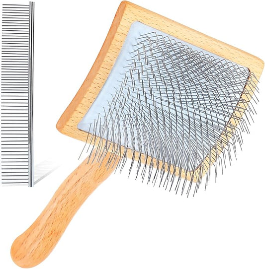 Dog Slicker Brush for Shedding and Grooming Medium or Long Haired Cats, Extra Long & Soft Pin Slicker Brush for Removes Loose Hair, Tangles, Knots, Undercoat, Free Pet Comb, Large, Oak-PurrikoPets