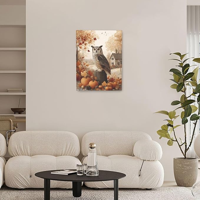 Fall Owl Wall Art Autumn Pumpkin Leaves Wall Decor Rustic Canvas Print Farmhouse Pictures Painting Print Framed Artwork Decorations Gifts for Living Room Bathroom Bedroom Office 12"x16"-PurrikoPets