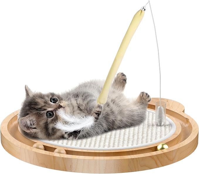 3-in-1 Cat Toys, Scratcher, Toys for Indoor Cats, Natural Sisal Scratching Board, Kitten Interactive with Ball Track & Retractable Wand Toy & Feather-PurrikoPets