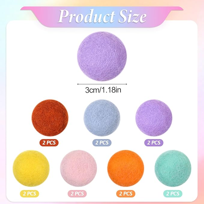 14 PCS Wool Cat Ball Toys, Quiet Play Felt Cat Ball Toys Kitty Kicker Exercise Toy, Fun Colorful Kitty Kitten Toy for Interactive Kitten Balls for Indoor 1.2in-PurrikoPets
