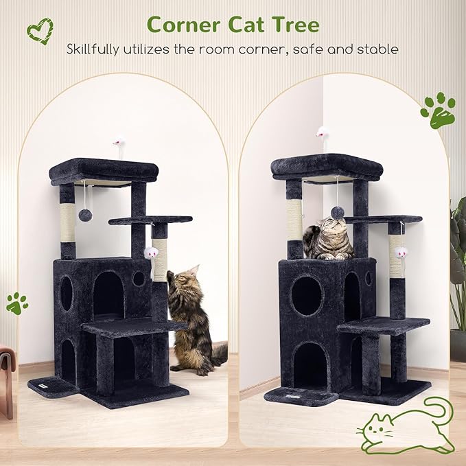 Globlazer Cat Tree Tower for Indoor Cats, 50-inch Adult Cat Tree House for Large Adult Cats with Steps, Scratching Post, 2 Cat Caves, Dangling Toys, FC50, Dark Grey-PurrikoPets