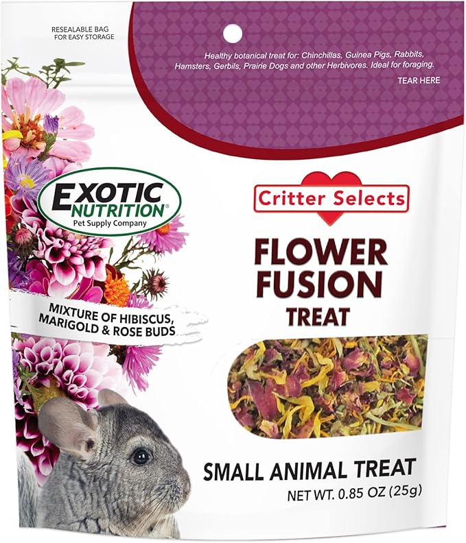 Flower Fusion Treat - Healthy Natural Dried Flower Herbivore Treat - Chinchillas, Guinea Pigs, Rabbits, Prairie Dogs, Degus, Hamsters, Rats, Squirrels, Sugar Gliders & Other Small Pets (0.85 oz)-PurrikoPets