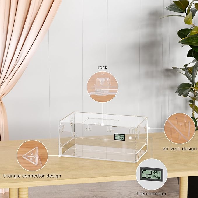 Acrylic Tarantula Enclosure, Reptile Terrarium Breeding Tank w/Temperature Hygrometer,Habitat Reptiles Feeding Box Isopod Terrarium Cage for Insect Lizard Home Office (Reptile-Tank-L(Tray))-PurrikoPets