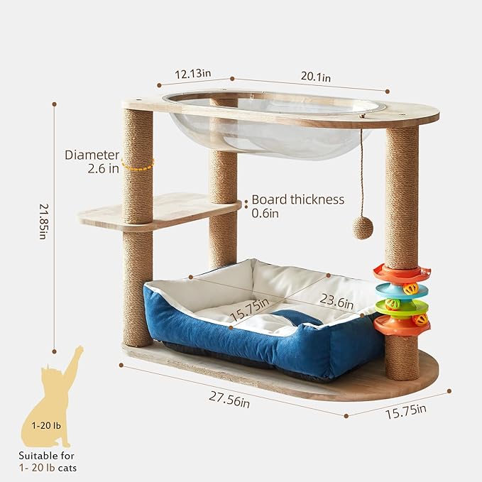 2 Tier Cat Tower,21.85 in cat Perch Wood cat condo with Hammock and Sisal Rope Scratcher Post Hanging Toy Balls for Indoor Large Cats Kittens (Blue)-PurrikoPets