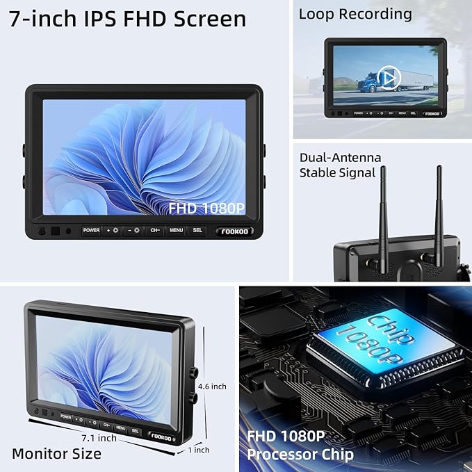 Fookoo HD Magnetic Wireless Backup Camera, 1080P 7" Dual Split Monitor & Rechargeable Rear View Cameras, Lower Consumption 1-Min Installation No Drilling Recording for RV Trailer Truck Camper DCX702-PurrikoPets
