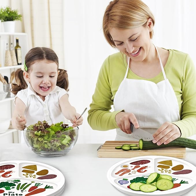 10" 3-Grid Cute Cartoon Portion Control Plate - Melamine, Healthy Nutrition for Weight Loss & Diabetes Management, Ideal for Adults & Teens Kids (4 Pack)-PurrikoPets