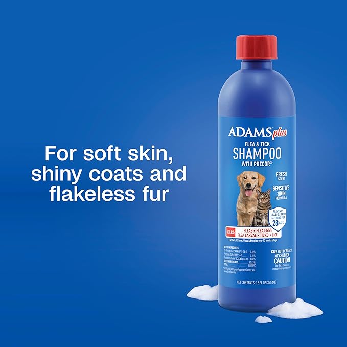 Adams Plus Flea & Tick Shampoo with Precor for Cats, Kittens, Dogs & Puppies Over 12 Weeks Of Age Sensitive Skin Flea Treatment | Kills Adult Fleas, Flea Eggs, Ticks, and Lice| 12 Ounces-PurrikoPets