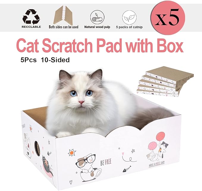 5 Packs in 1 Cat Scratch Pad with Box, Cat Scratcher Cardboard,Reversible,Durable Recyclable Cardboard, Suitable for Cats to Rest, Grind Claws and Play with Scratch Box-PurrikoPets
