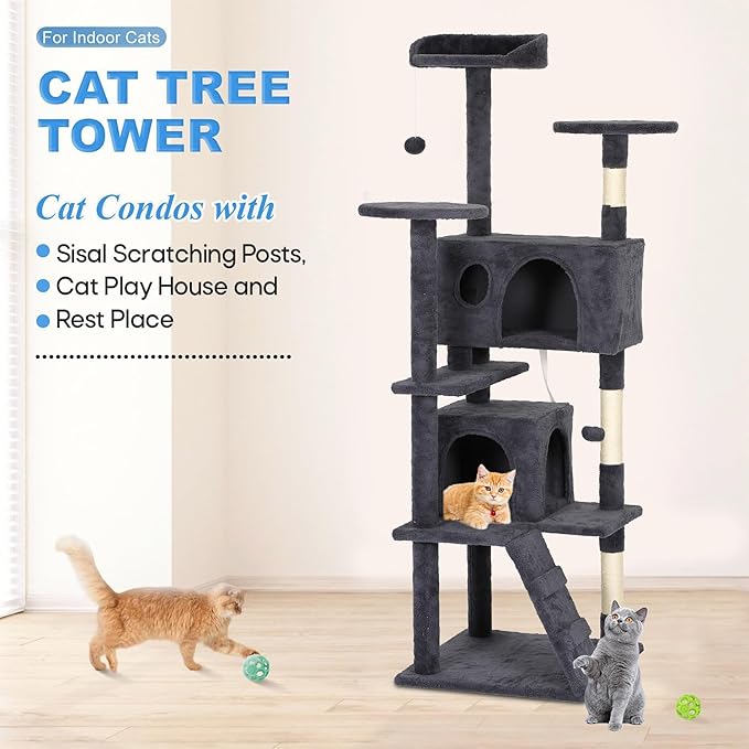 FDW Cat Tree Tower 62in Multi-Level Durable Cat Scratching Post & Cozy Fun Jumping Platform Space Saving Condo Pet Play House for Indoor Cats,Dark Gray-PurrikoPets