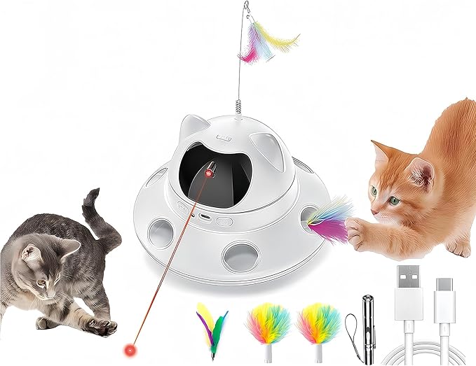 3-in-1 Cat Laser Toy & Interactive Automatic Motion-Activated Kitten Toy – 6 Holes Whack-A-Mole Feather & Moving Ambush Fun – USB Rechargeable, Apply to – Indoor Exercise for Cats of All Breeds-PurrikoPets