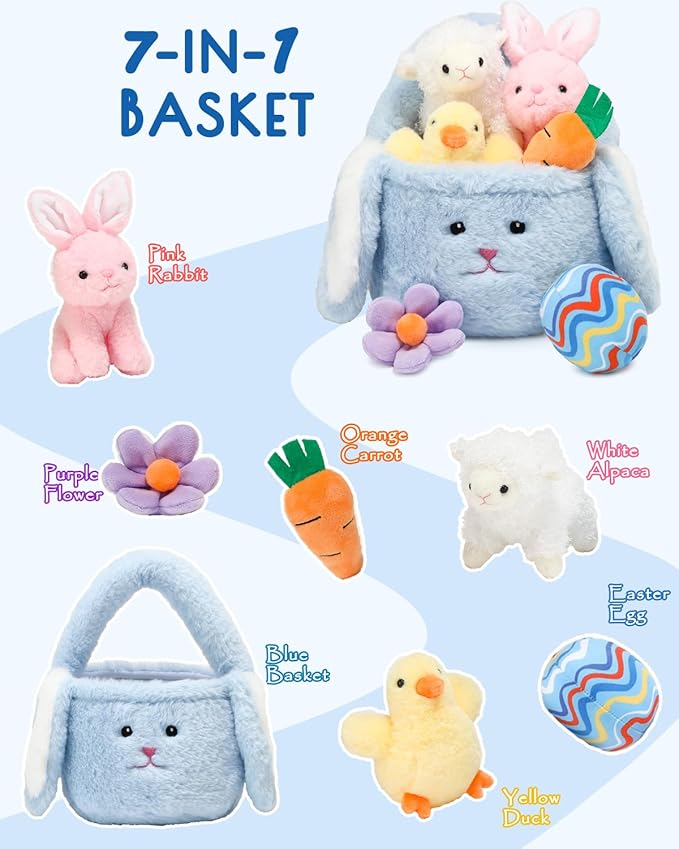 7 Piece Plush Stuffed Animals Playset Toys with Rabbit, Chick, Lamb, Carrot, Egg, Flower, Furry Bag, Soft Basket Set Toys for Girls Kids Ages 3+, Birthday Christmas Valentines Easter Party Favors-PurrikoPets