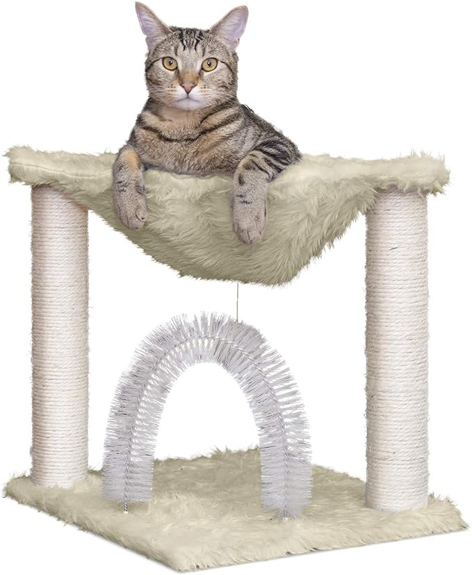 Furhaven 15.75" Tall Playground for Indoor Cats, Ft. Sisal Scratching Posts, Self-Grooming Brush, & Toy - Tiger Tough Hammock Interactive Playground - Cream, One Size-PurrikoPets