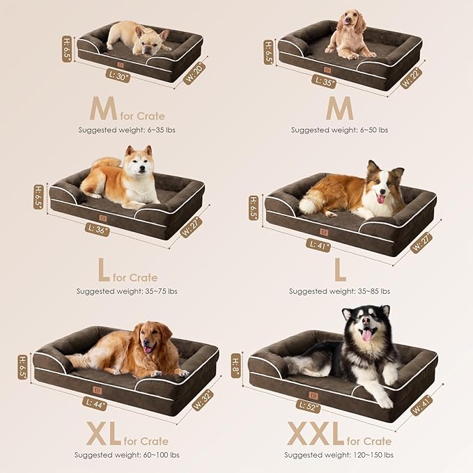 EHEYCIGA Orthopedic Dog Bed for Medium Dogs, Waterproof Memory Foam Medium Dog Beds with Sides, Non-Slip Bottom and Egg-Crate Foam Pet Couch Bed with Washable Removable Cover, Brown-PurrikoPets