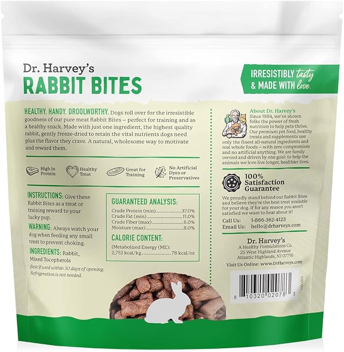 Dr. Harvey's Rabbit Bites Freeze-Dried Raw Dog Treats, Single Ingredient, All-Natural Rabbit Meat Protein for Dogs, Allergen-Free, 7 Ounces (1 Pack)-PurrikoPets