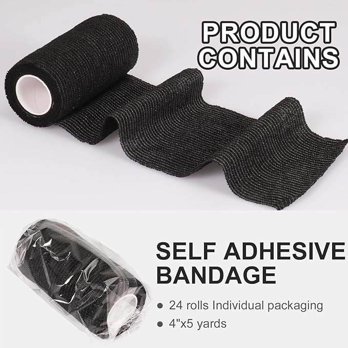 24 Pack Self Adhesive Bandage Wrap, 4” x 5 Yards Cohesive Medical Tape Elastic Grip Tape Black Sports Tape Athletic for Ankle, Wrist Sprains, Pet First Aid (Black, 4 Inch)-PurrikoPets