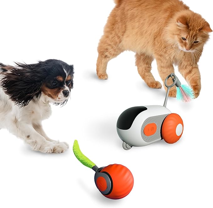 1pc Interactive Automatic Remote Control Cat Mice Car Toy and 1pc Smart Electric Moving Speedy Cat Ball Toy with Feather Tail, Suitable for Dogs, Keep Busy, Stimulating, Rechargeable (orange)-PurrikoPets