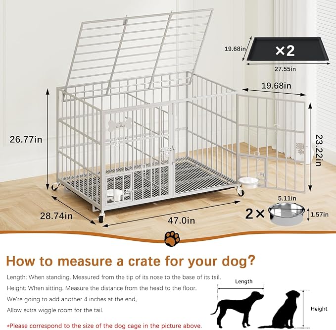 aboxoo 48/42 inch Heavy Duty Metal Dog Crate for 2 Dogs/Large Dog,All Metal Open Top,Dog Kennel Indoor with Wheels,Floor Grid, Tray, Divider and Feeding Bowl (Sliver)-PurrikoPets