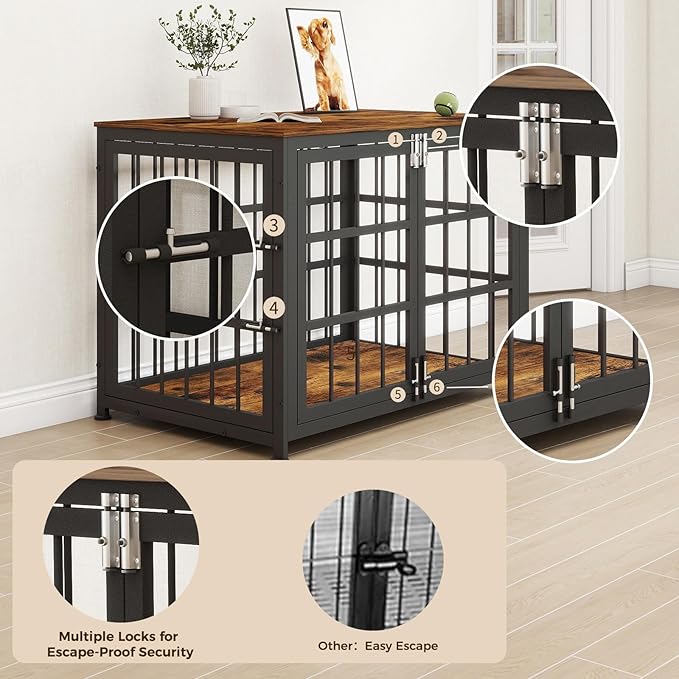 32 Inch Heavy Duty Wooden Dog Kennel End Table with Double Door Design and Secure Locks, Indoor Pet Crate Furniture for Medium Dogs, Decorative Home Cage Design,Aged Black-PurrikoPets