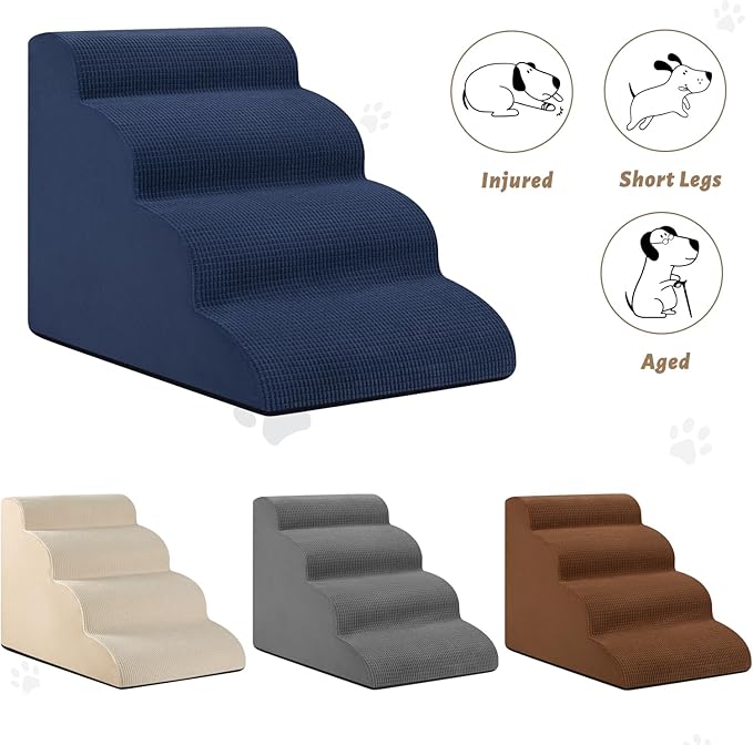 4-Step Dog Stairs and Ramp for Beds or Couches,Non-Slip Sturdy Pet Steps for Small Dogs and Cats,17.4" H,Blue-PurrikoPets