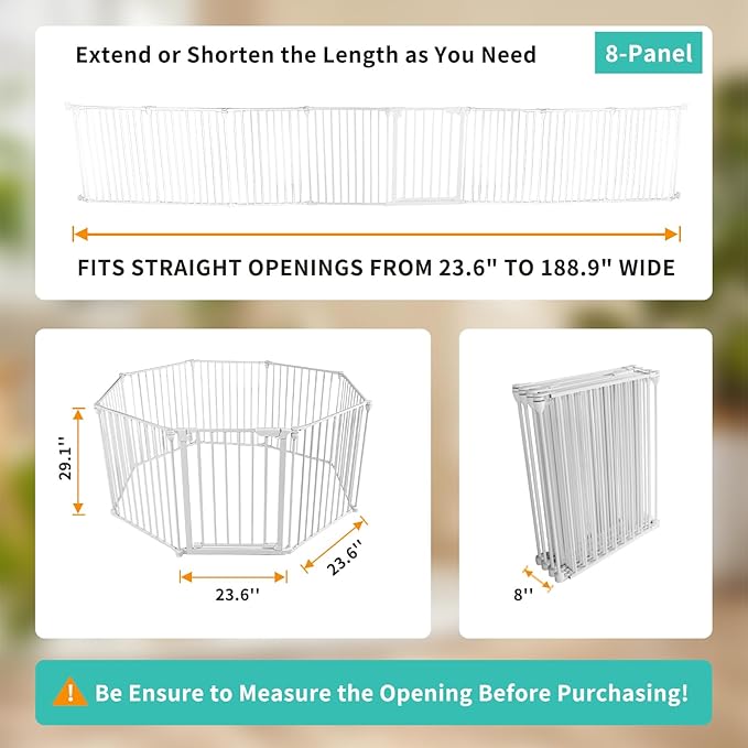 Extra Wide Baby Gate, 30" Tall 189" Wide Configurable Baby Gate Fireplace Safety Fence, Metal Pet Safety Playpen for Toddler/Pet/Dog Christmas Tree Fence (Whtie, 8-Panel)-PurrikoPets