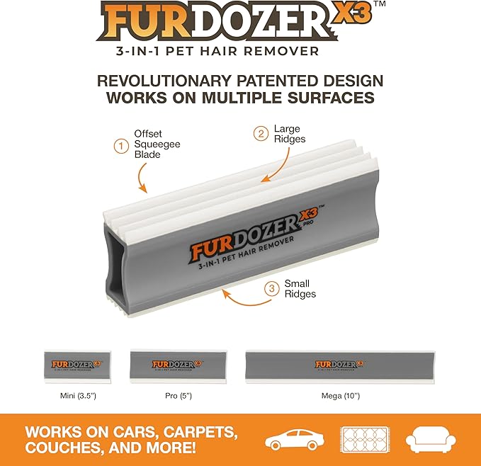 FurDozer X6 & X3 Bundle - Pet Hair Removal Tool & Car Detailing Dog Hair Remover for Carpet, Car, Couch, Bedding, & Furniture - Reusable Pet Fur Remover & Carpet Scraper for Animal Fur & Lint, Grey-PurrikoPets