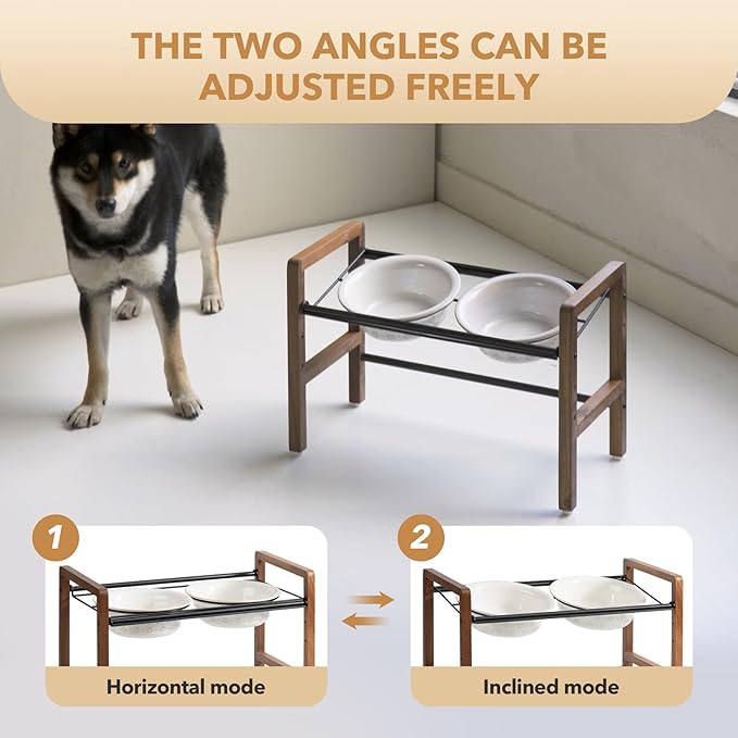 7.1inch Ceramic Adjustable Raised Double Bowls Set with Stand, 3 Heights Elevated, 2 Placement Options,Food and Water Bowls for Medium and Large Dog(Reactived Glaze -White)-PurrikoPets