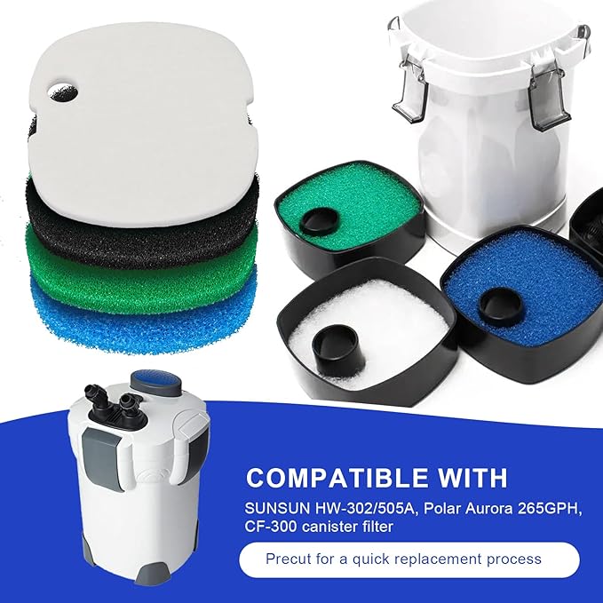 16 PCS Replacement Canister Filter Pads Compatible with SUNSUN HW-302/505A Polar Aurora 265 GPH CF-300, Aquarium Filter Sponge Pad Fish Tank Bio Floss Media-PurrikoPets