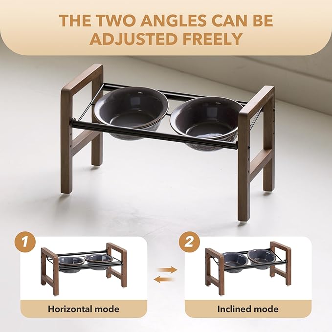 6.3inch Ceramic Adjustable Raised Double Bowls Set with Stand, 3 Heights Elevated, 2 Placement Options,Food and Water Bowls for Adult Cat Small and Medium Dog(Reactived Glaze -Grey)-PurrikoPets