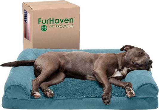 Furhaven Orthopedic Dog Bed for Large/Medium Dogs w/ Removable Bolsters & Washable Cover, For Dogs Up to 55 lbs - Plush & Suede Sofa - Deep Pool, Large-PurrikoPets
