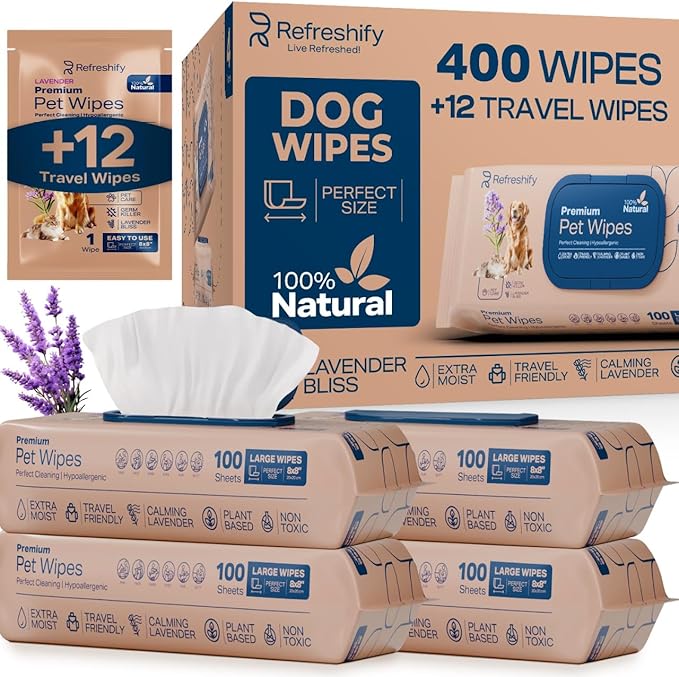 Dog Wipes for Paws and Butt - Plant Based Lavendar Scented (Pack of 400) - Pet Wipes for Dogs and Cats - Deodorizing Non Toxic Dog Wipes, +12 Additional Travel Wipes-PurrikoPets