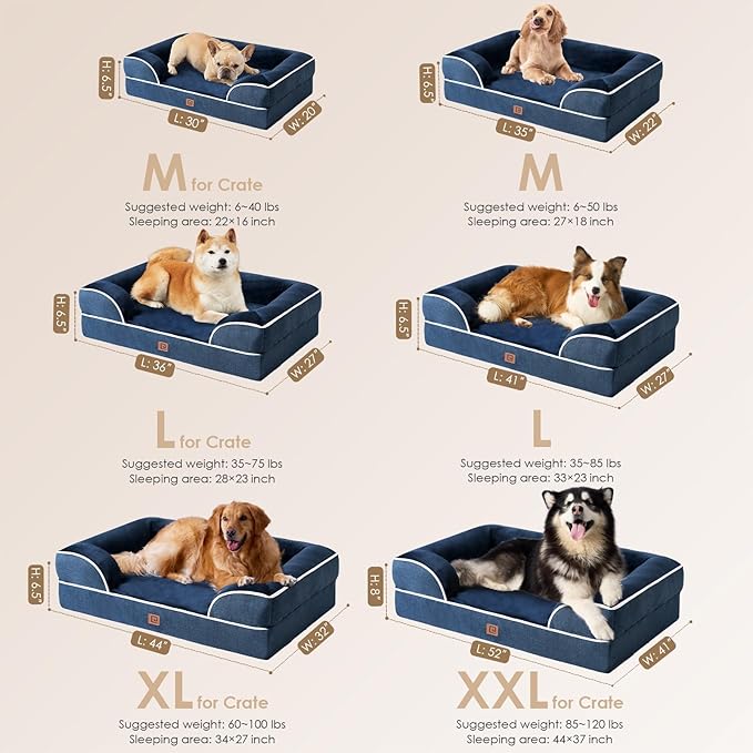 EHEYCIGA Orthopedic Dog Beds for Extra Large Dogs, Waterproof Memory Foam XL Dog Bed with Sides, Non-Slip Bottom and Egg-Crate Foam Big Pet Couch Bed with Washable Removable Cover, Navy-PurrikoPets