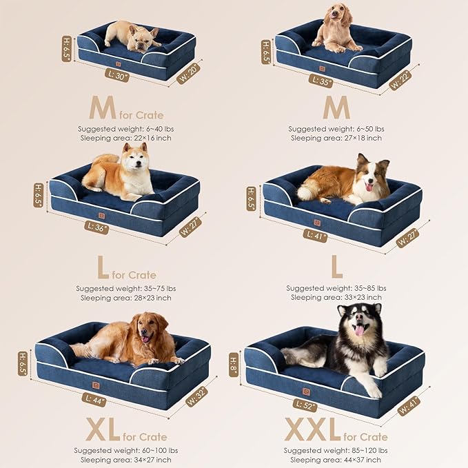 EHEYCIGA Orthopedic Dog Beds for Large Dogs, Waterproof Memory Foam Large Dog Bed with Sides, Non-Slip Bottom and Egg-Crate Foam Pet Couch Bed with Washable Removable Cover, Navy-PurrikoPets