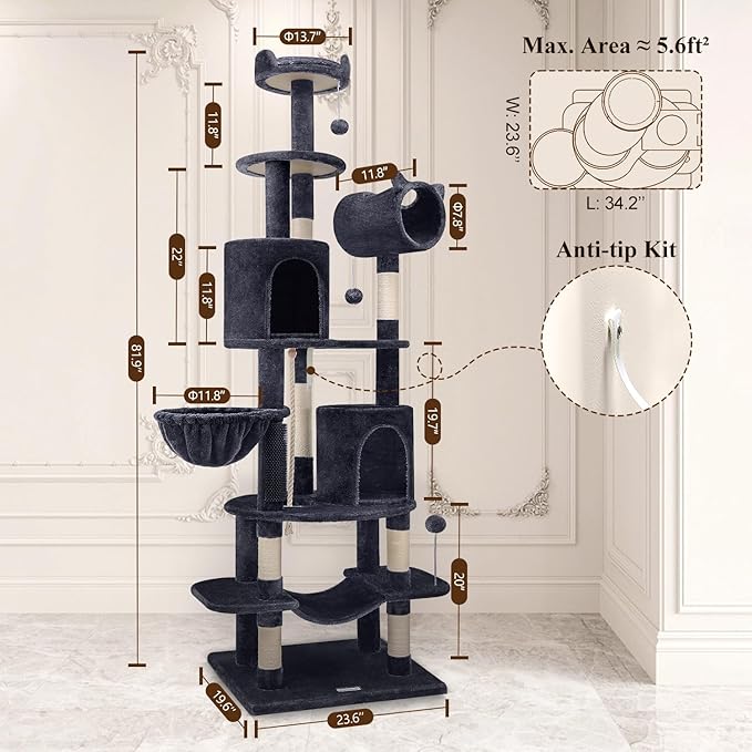 Globlazer Artistic Curved Cat Tower for Small Cats (Under 12 lbs), 81-inch Slim Design Cat Tree with Space-Saving Design, Indoor Cat Condo with Hammock & Tunnel, C81, Dark Gray, Non-Large Cats-PurrikoPets