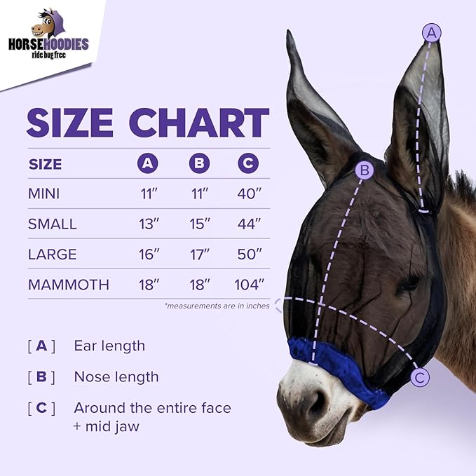 Donkey Fly Mask with Long Ears (Blue) Made in USA - Mule Fly Mask with Ears Protection from Insects and Bugs, Small Donkey Soft Mesh Fabric with Adjustable Fastener, Face Cover Supplies for Donkeys-PurrikoPets