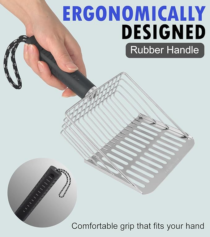 2PCS Cat Litter Scoop, Solid and Durable Kitty Metal Scooper, Stainless Steel Sifter, Heavy Duty, for Litter Box, Black Rubber Handle, Included Stainless Steel Hook-PurrikoPets