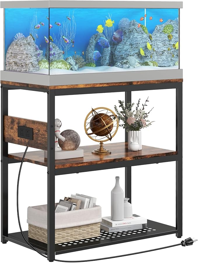 20-29 Gallon Fish Tank Stand With Power Outlets, 3-Tier Metal Aquarium Stands, Breeder Reptile Tank Stand with Shelf for Home Office, 660LBS Capacity, 29.5 x 15.8 x 30.1 inches, Brown-PurrikoPets