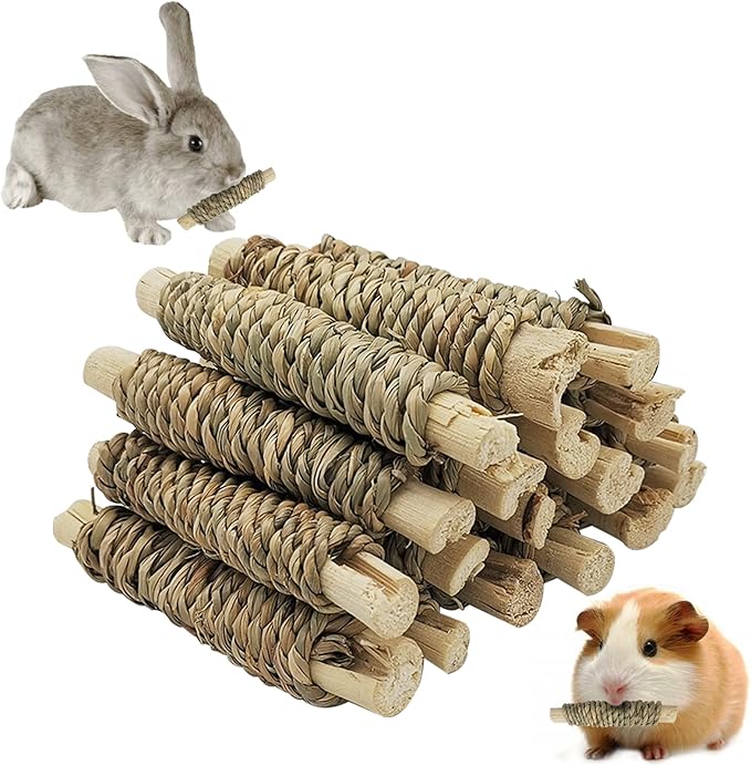 Fhiny 18 PCS Guinea Pig Chew Toys, Natural Seagrass Sweet Bamboo Molar Sticks for Teeth Bunny Chew Toys Cage Accessories for Rabbit Bunny Guinea Pig Chinchilla Hamster-PurrikoPets