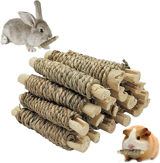 Fhiny 18 PCS Guinea Pig Chew Toys, Natural Seagrass Sweet Bamboo Molar Sticks for Teeth Bunny Chew Toys Cage Accessories for Rabbit Bunny Guinea Pig Chinchilla Hamster-PurrikoPets