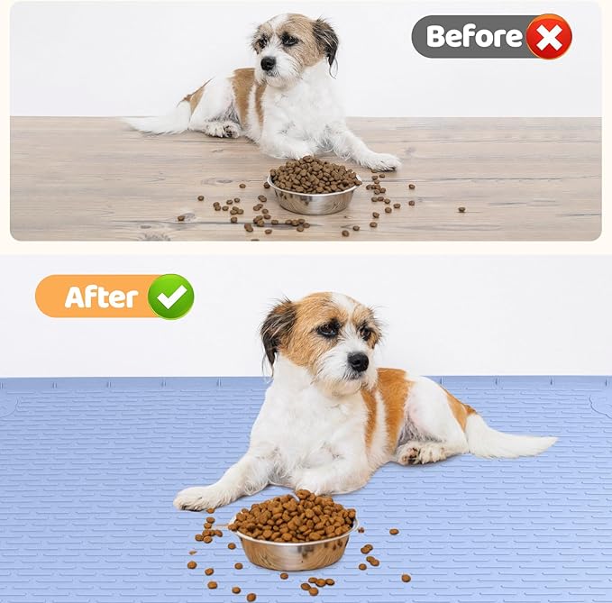 Dog Food Mat, Extra Large 40" x 28" Silicone Pet Feeding Mat with Raised Edge Pet Placemat for Small, Medium, and Large Pets Non-Slip, Easy to Clean (Blue)-PurrikoPets