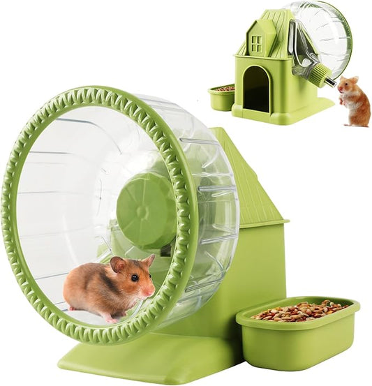 4 in 1 Silent Large Hamster Wheel Multifunctional Hamster Running Wheel Quite Running Spinner Wheel Accessories with Food Bowl Water Bottle for Hamsters Dwarf Gerbil (Green)-PurrikoPets