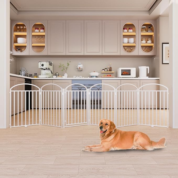 6 Panles Full Matel Freestanding Dog Gates with Door, 144"Extra Wide 32"Tall Free Standing Dog Pet Gate for Indoor & Outdoor. Foldable Pet Fences for Doorways, House, Stairs, Porch, Deck, Yard-PurrikoPets