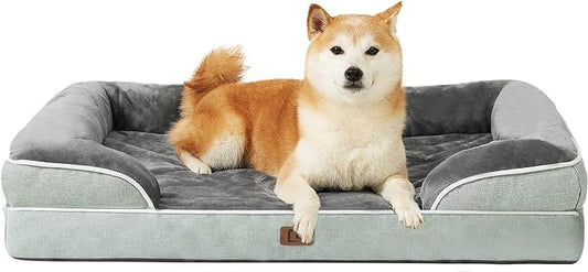 EHEYCIGA Orthopedic Dog Beds for Large Dogs, Waterproof Memory Foam Large Pet Bed with Sides, Non-Slip Bottom and Egg-Crate Foam Dog Couch Bed with Washable Removable Cover, Greyish Green-PurrikoPets