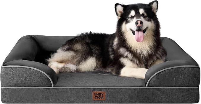 EHEYCIGA Orthopedic Dog Beds for Extra Large Dogs, Waterproof Memory Foam XXL Pet Bed with Sides, Non-Slip Bottom and Egg-Crate Foam Big Dog Couch Bed with Washable Removable Cover, Dark Grey-PurrikoPets